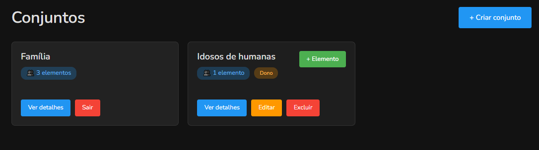 Página de conjuntos mostrando lista de conjuntos
