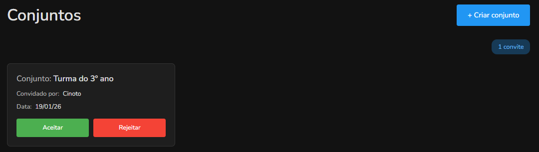 Menu lateral mostrando convites pendentes