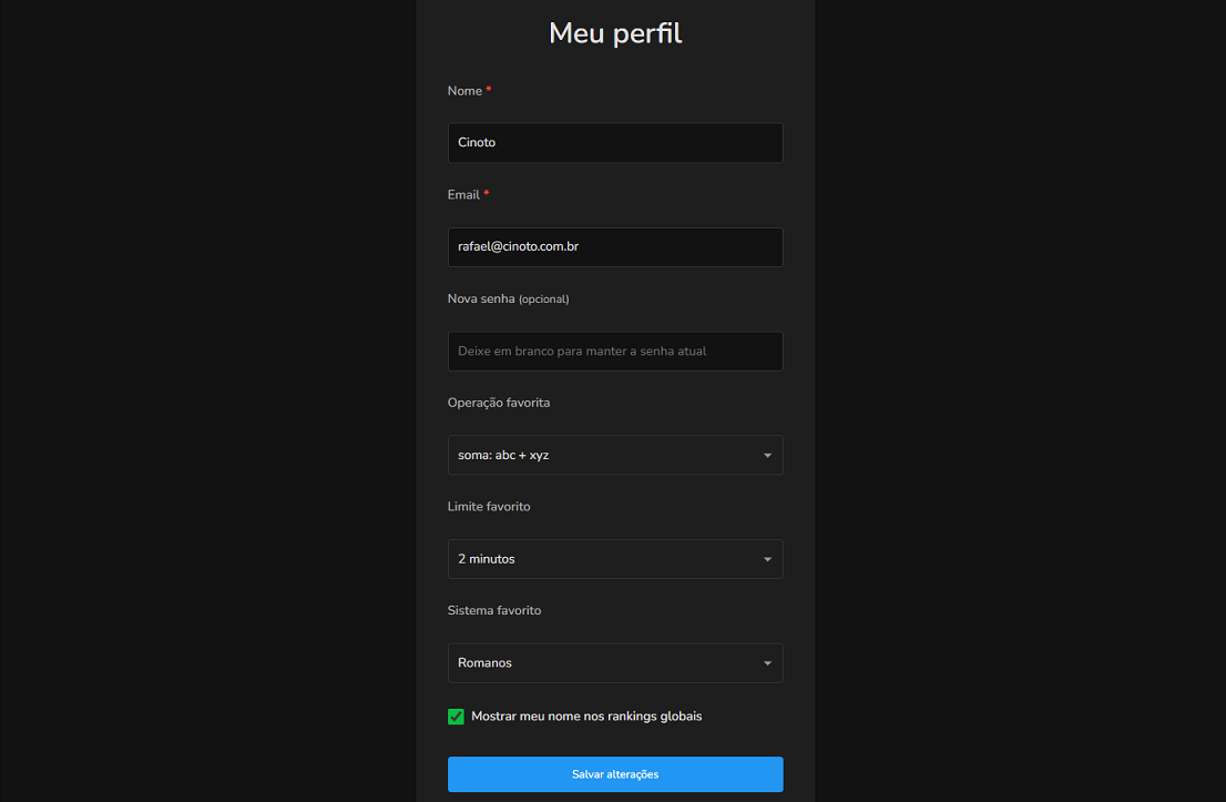 Página de perfil mostrando o formulário