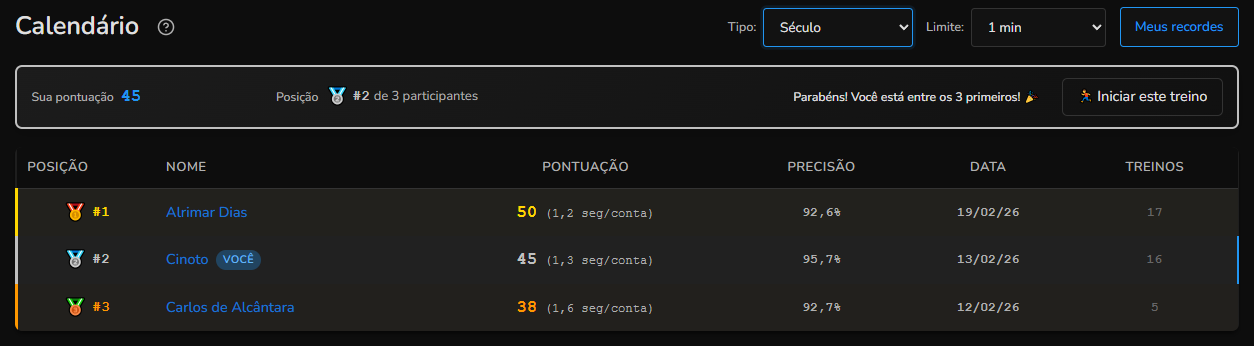 Página de calendário com filtros e ranking