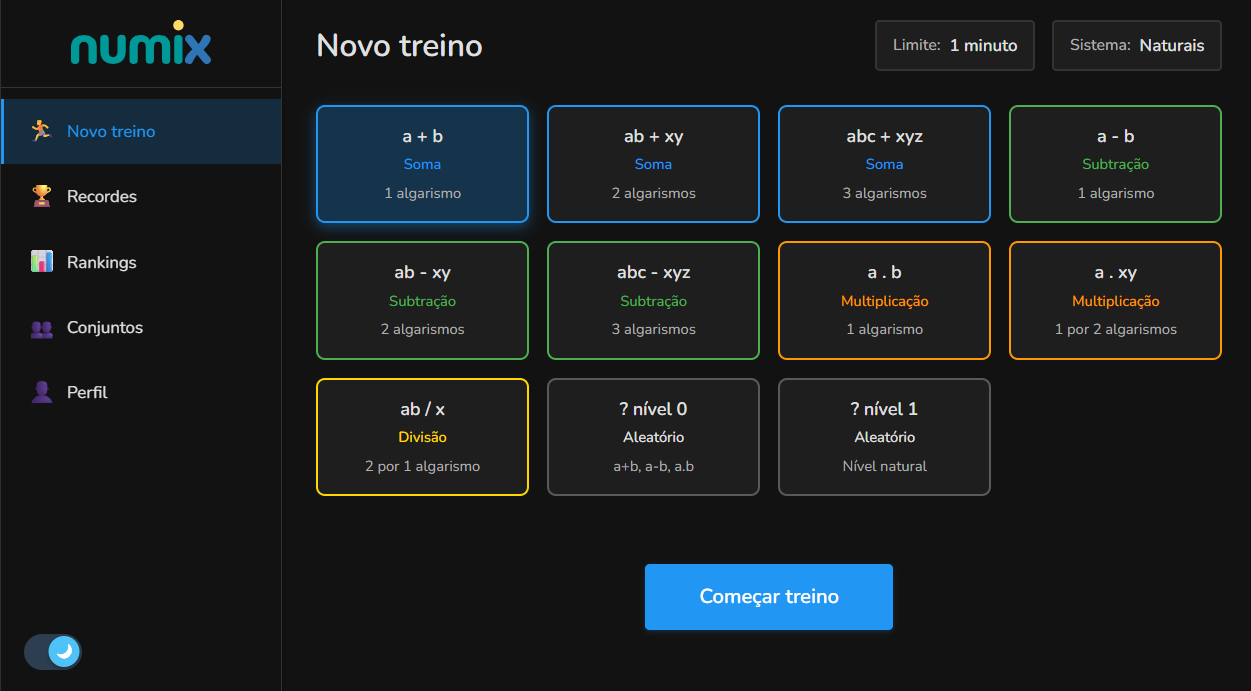 Tela de novo treino do Numix